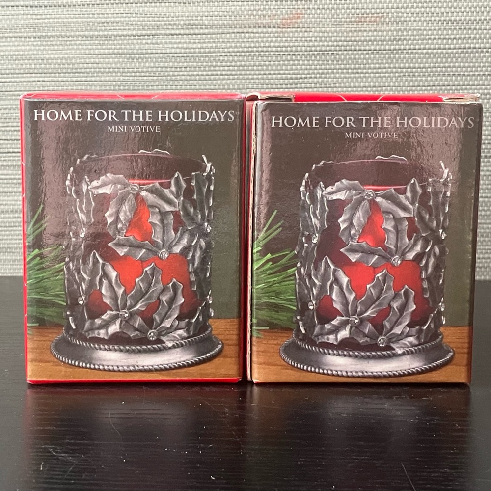 Lot Of 2 Home For The Holidays Pewter Votive Holders w/ Glass Inserts In Boxes
